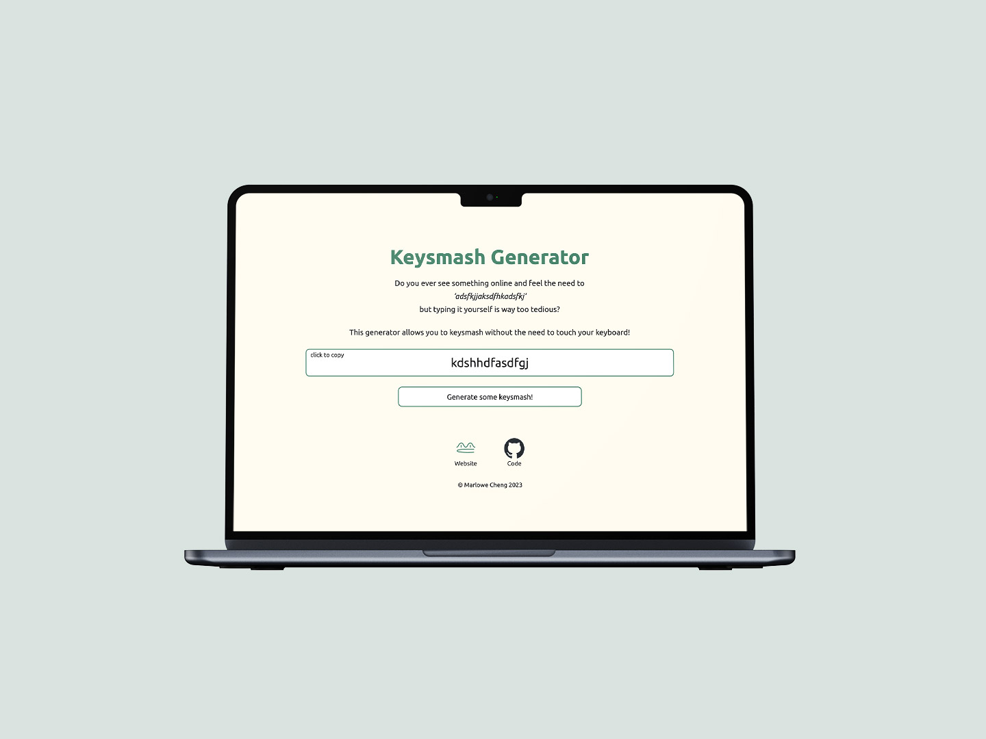 Keysmash Generator mocked-up on a laptop